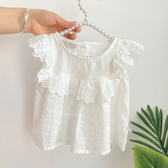 2023 Summer New Arrival Girls' Sleeveless Lace Shirt with Flared Ruffle Sleeves, Babydoll Top for Little Girls – Model 0016