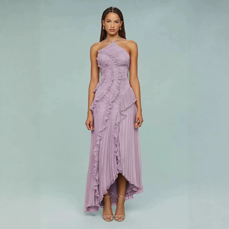 Cross-Border Exclusive Supply of High-End Chiffon Dresses for Women, Ruffled Pleated Design, Slimming Mid-Length Dress, European and American Fast Fashion Cross-Border Exclusive Supply of High-End Chiffon Dresses for Women, Ruffled Pleated Design, Slimming Mid-Length Dress, European and American Fast Fashion
