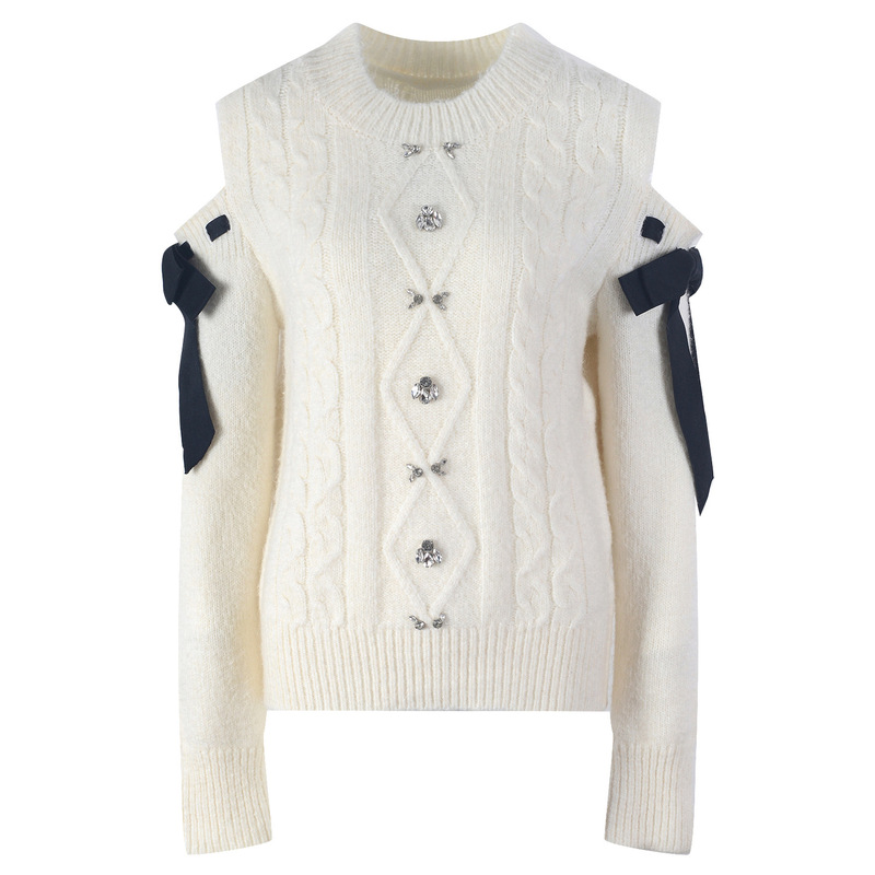 Autumn 2021 New Arrival Dig Shoulder Bow Bead Retro Twisted Sweater Korean Style Elegant Sweet Knitted Sweater