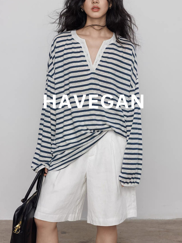 与间HAVEGAN/设计感v领亚麻条纹长袖T恤女秋季防晒薄款度假风上衣|undefined