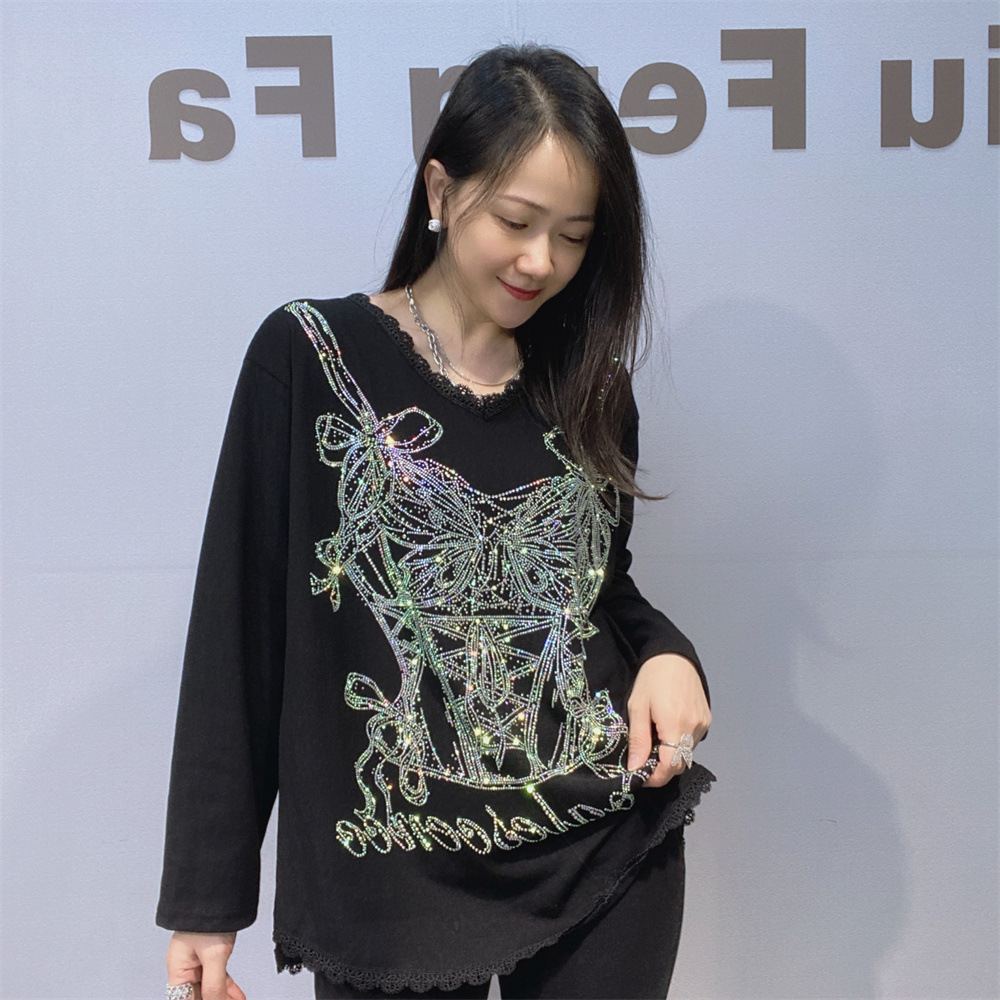 Europa y América transfronterizas ropa de mujer de cuello en V camisa de mangas largas mujeres primavera y otoño encaje empalme industria pesada taladro caliente gran camisa de base image 7