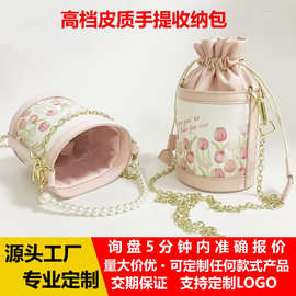 pu珍珠链条单肩手提包印花圆筒抽带水桶包pu皮质斜挎收纳包大容量