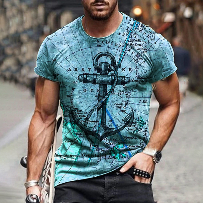 2022 new anchor boat 3D printed T-shirt men's fashion summer o-neck short sleeve casual loose T-shirt top men's clothing