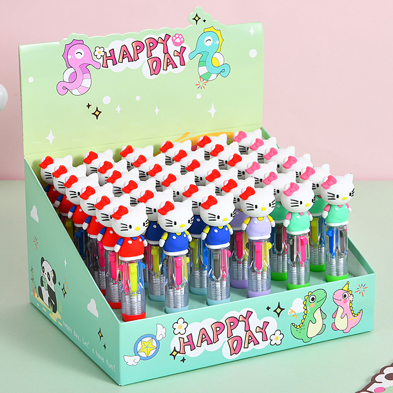 Caricatura lindo KT gato mini bolígrafo de cuatro colores multicolor en uno bolígrafo de cuentas de mano de color para estudiantes premios papelería al por mayor