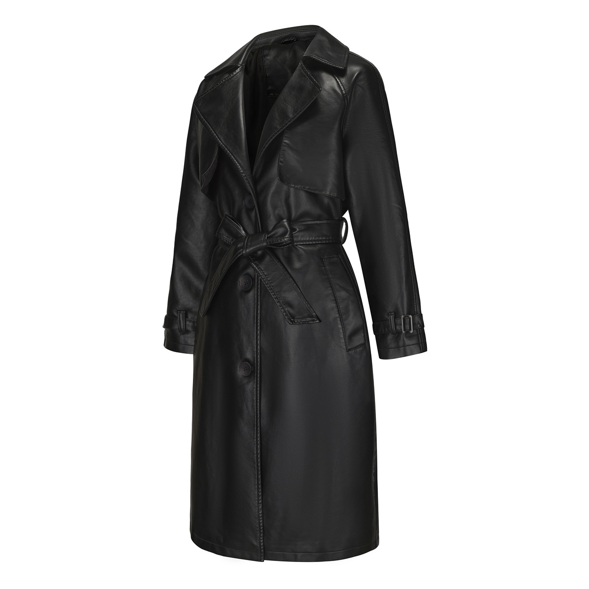 Women's Clothing 24 Spring and Autumn Women's Windbreaker Long Loose Jacket PU Leather Jacket Women's OVERSIZE Classic Lapel Jacket with Belt_voghion.com