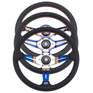 14inch Blue-Coated Steering Wheel Nd Silver-Blue Electroplated with a Hole Spacing of 7.4cm, Shallow Concave Perforated Leather Modified Car Steering Wheel