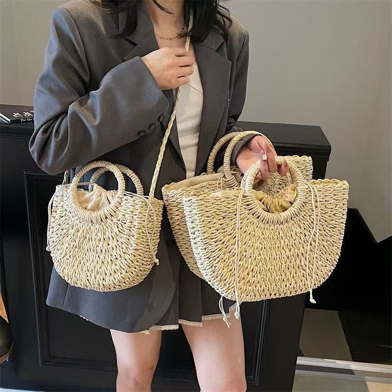 Round Straw Woven Bag, Handmade Woven Bag, Semi-Circular Paper Rope Straw Bag, Versatile Handbag, Crossbody Beach Bag Round Straw Woven Bag, Handmade Woven Bag, Semi-Circular Paper Rope Straw Bag, Versatile Handbag, Crossbody Beach Bag