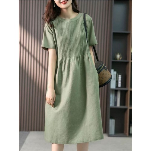Cotton and Linen Women's Medium-Length Dress for 2025 Spring, Korean Version, Loose and Slimming, French Design Style Casual Skirt
