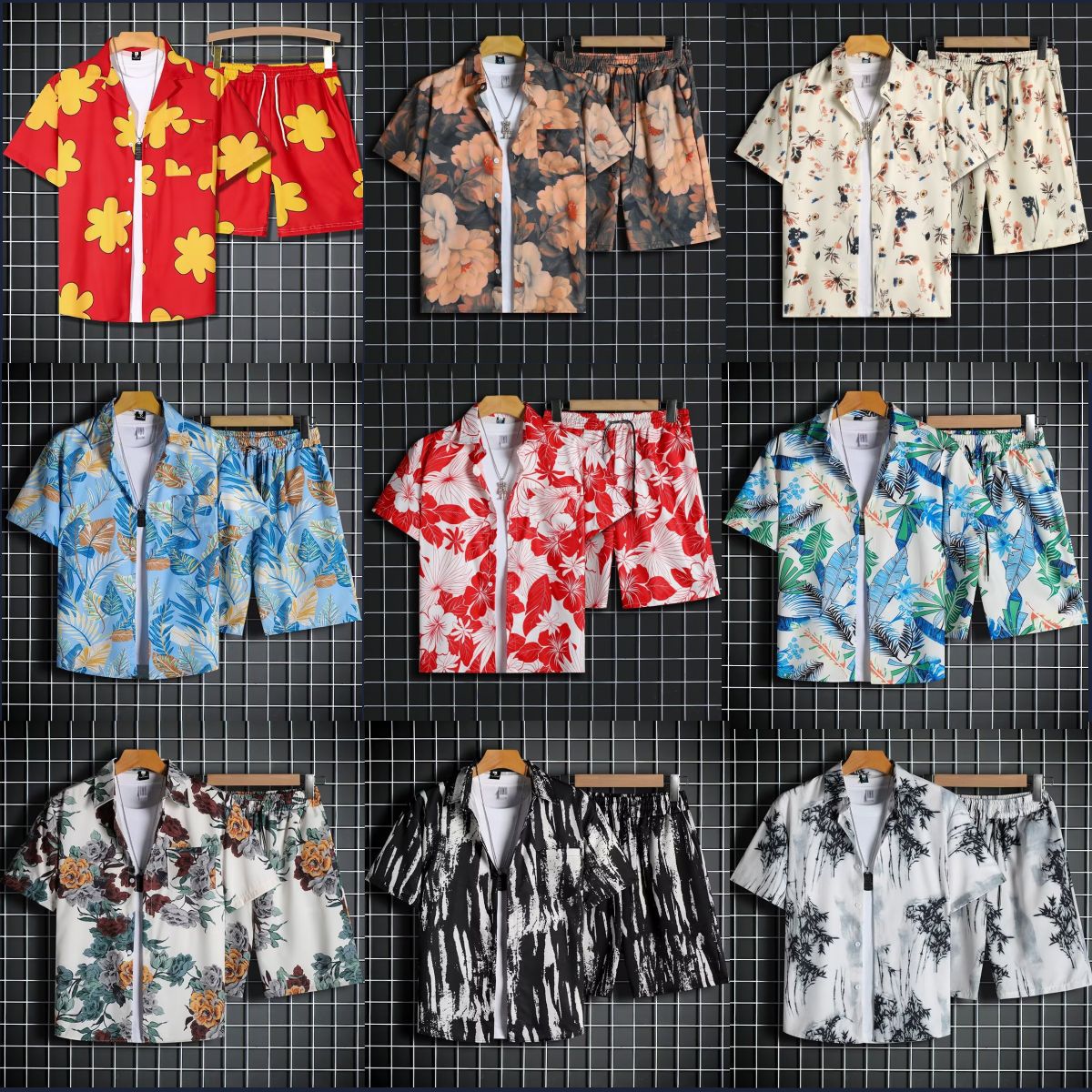 Plus-size men's summer quick-drying short-sleeved floral shirt set, Hawaiian beachwear, two-piece set, outerwear, capri pants