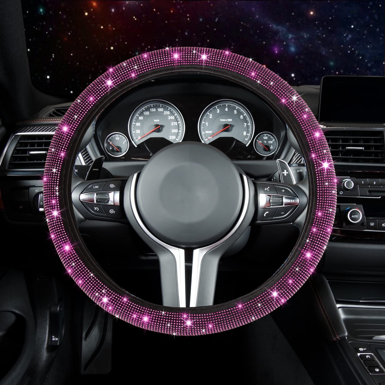 New Fashionable Full-Diamond Car Steering Wheel Cover for Women, Universal Crystal Flash Diamond Anti-Slip Handlebar Cover for All Seasons