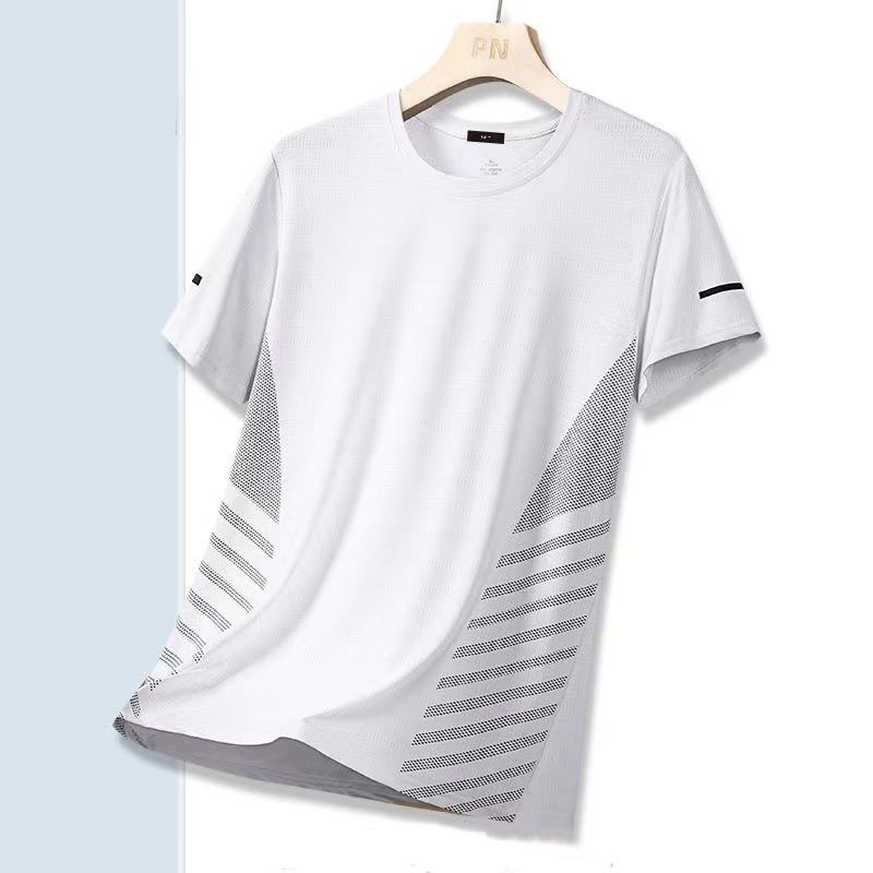 Nuevos productos de verano de calidad para hombres, camisetas de hielo frescas de cuello redondo sueltas, camisas de secado rápido para correr, mangas cortas