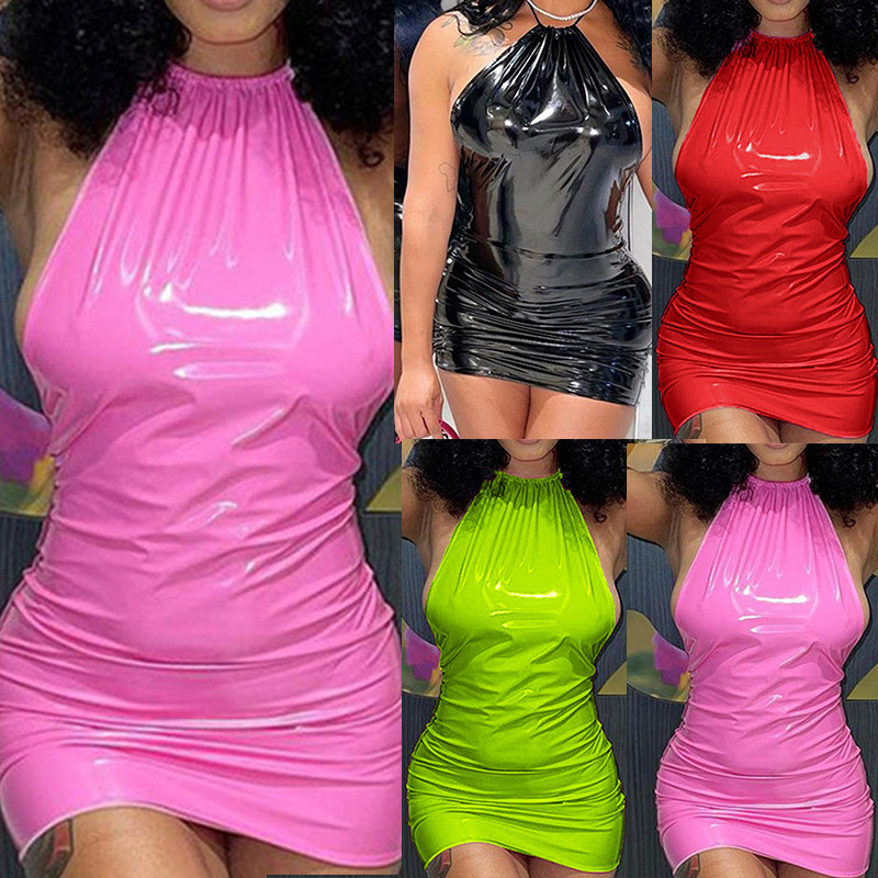 Summer Candy Color Faux Leather dress Sexy Night Shop Backless Neck Bag Hip Skirt Slim-fit Sexy Mini Skirt