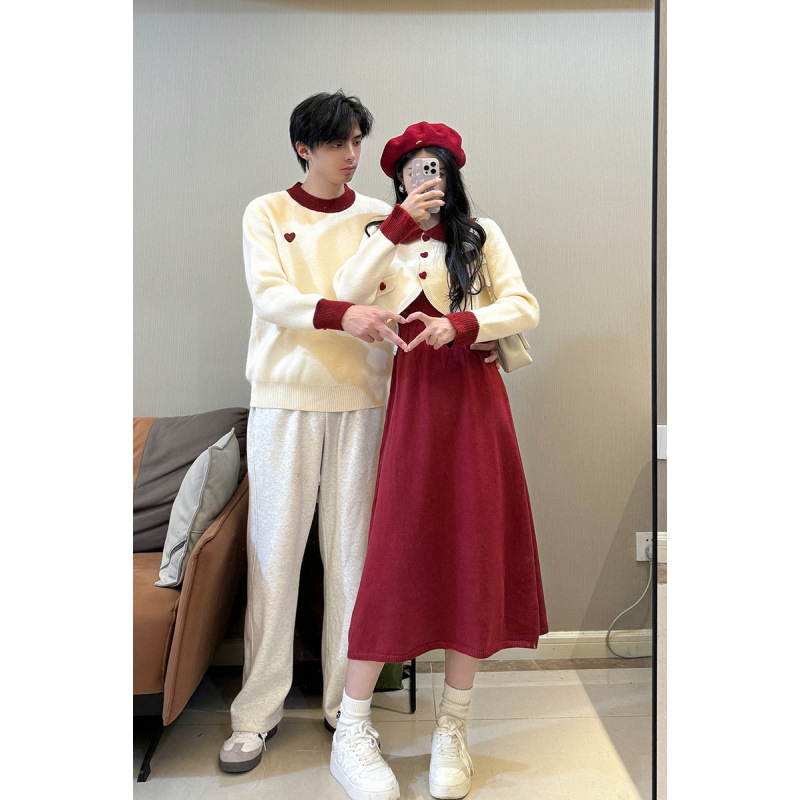 커플 의상 가을과 겨울 빨간 크리스마스 셔츠 스웨터 여성 투피스 남성 두꺼운 바늘 국경 세대 헤어