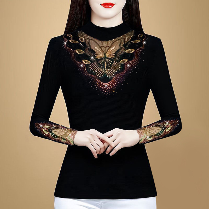 Lace Rhinestone Fleece-Lined Base Shirt for Women, Long-Sleeve Autumn and Winter New Style Inner T-Shirt, Mom's Half-Turtleneck Top Lace Rhinestone Fleece-Lined Base Shirt for Women, Long-Sleeve Autumn and Winter New Style Inner T-Shirt, Mom's Half-Turtleneck Top