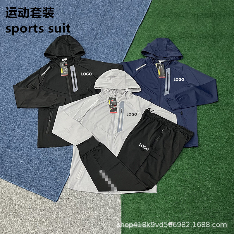 Cross-Border Brand Sports Suit Men's Training Morning Run Quick-Drying Long-Sleeved Tops and Pants Thin Casual Zipper Hooded Jacket Cross-Border Brand Sports Suit Men's Training Morning Run Quick-Drying Long-Sleeved Tops and Pants Thin Casual Zipper Hooded Jacket