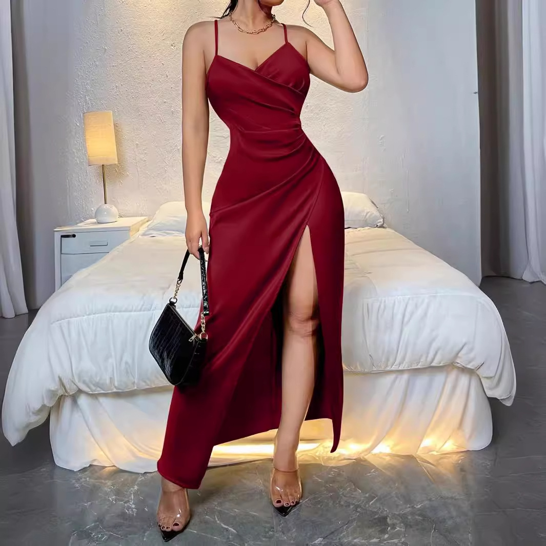Dameskleding stijl rugstrik ruches zijkant wikkel zoom satijnen jarreteljurk banket sexy avondjurk_voghion.com