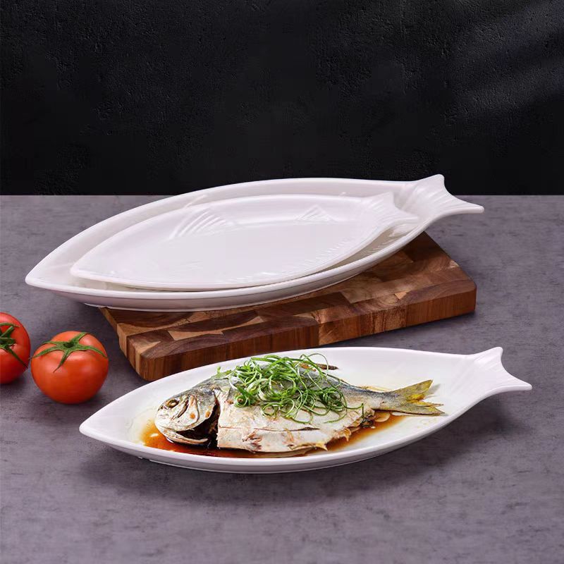Pearl Fish Plate Creative Simple Ceramic Fish Plate Hotel Restaurant Home Use Large Round Pure White Fish-Shaped Plate for Steaming Fish