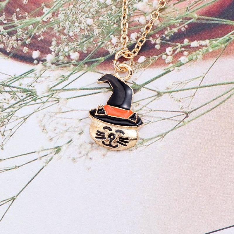 Collana con testa di gatto, cappello di zucca magico con goccia di olio, ciondolo a catena, moda e gioielli creativi a tema Halloween_voghion.com