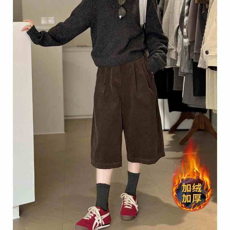 Vintage American-Style Brown Wide-Leg Fleece-Lined Cropped Pants for Women, Petite High-Waisted Slimming Plus-Size Corduroy Pants for Autumn Vintage American-Style Brown Wide-Leg Fleece-Lined Cropped Pants for Women, Petite High-Waisted Slimming Plus-Size Corduroy Pants for Autumn