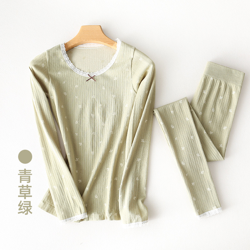Conjunto de Ropa Interior Térmica de Algodón Colorido con Diseño de Hoja de Arce para Mujer, Invierno 2025, Cuello Redondo, Sin Costuras, Top y Pantalones, Venta al Por Mayor