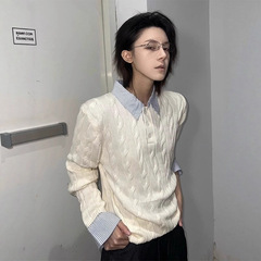 美式cleanfit假两件亨利领毛衣男款秋季老钱风绞花条纹拼接针织衫