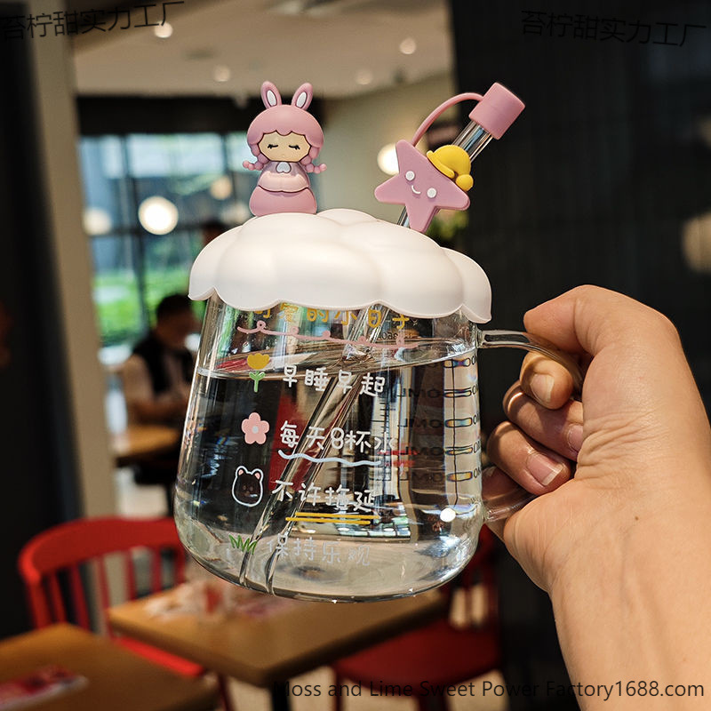 高颜值仙女玻璃杯带盖大容量加热水杯刻度家用可爱吸管杯|undefined