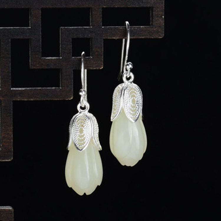 Yuanyuan 和天翡翠モクレンの花のイヤリング s925 スターリングシルバー女性のイヤリングレトロイヤーフック抗アレルギーイヤリング|undefined