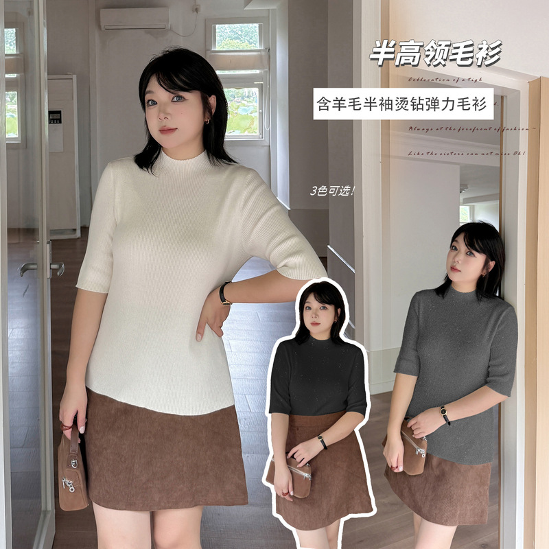 Inno Plus Size New Arrival Stylish Half-Turtleneck Knitted Base Shirt with Rhinestones, Wool Mid-Sleeve Top 343218