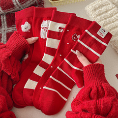 新款紅色襪子女可愛卡通中筒襪秋冬季新年喜慶大紅色本命年長襪女