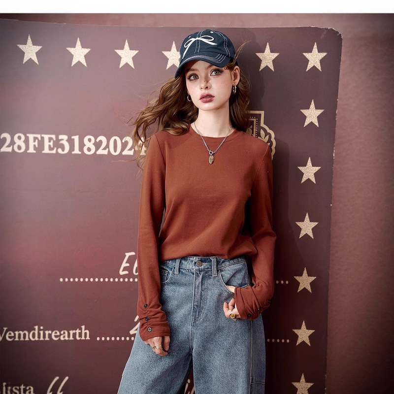 妖精的口袋细闪白色长袖t恤女2025秋季新款抽褶打底衫半高领上衣|undefined