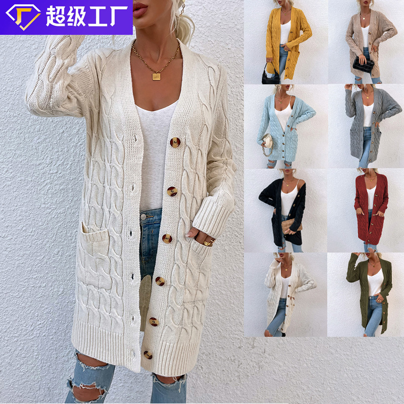 Drizzle Sweater Long Button Cardigan 2022 Autumn Winter New Twist Rope Fried Dough Twist Sweater Women