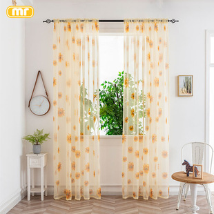 Cross-Border Popular Sunflower Print Gauze Curtain Living Room Bedroom Shaoxing Transparent Curtain Cloth Finished Product Amazon Foreign Trade