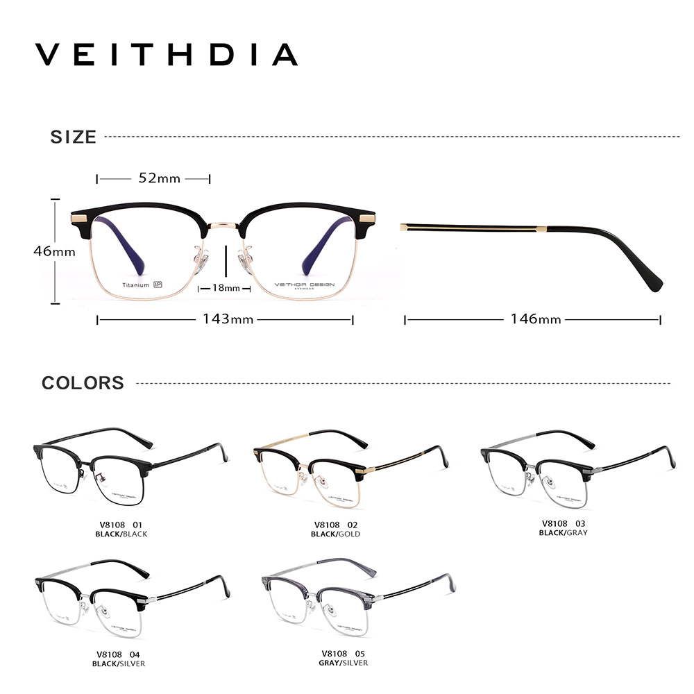 Línea de cejas retro estilo cuadrado pie de titanio puro medio marco marco de gafas de miopía óptica hombres y mujeres pueden estar equipados con grado al por mayor 8108