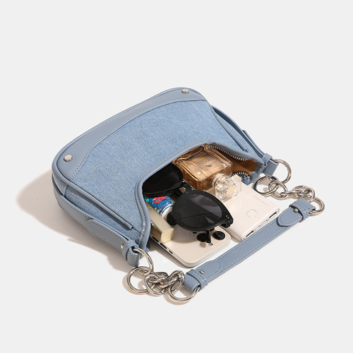 Charming magnetic field niche chain denim armpit bag 2024 new high-end hot girl style silver shoulder crossbody bag