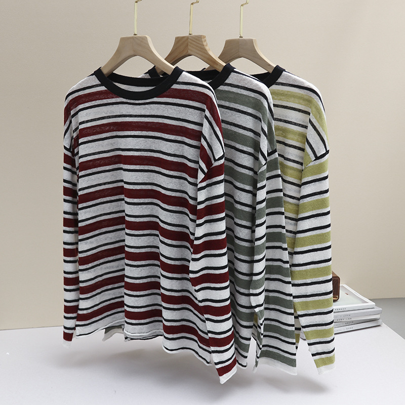 2025 Autumn New Fashion Round Neck Long Sleeve Striped Color Block Versatile Slimming Knitted Top Air Conditioning Shirt