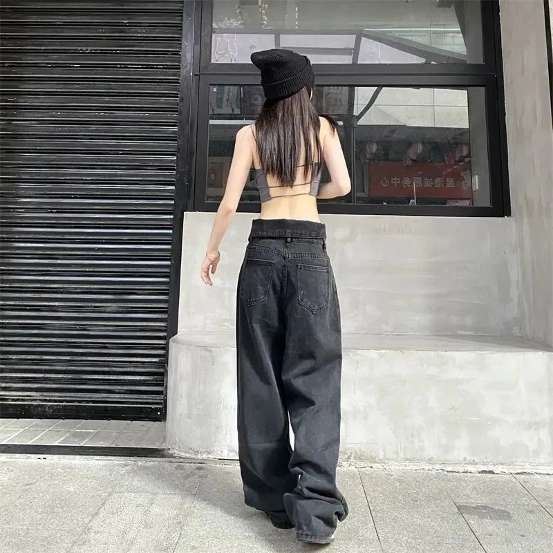 아메리칸 스타일 빈티지 세탁 및 랩 디자인 틈새 청바지 여성의 가을 높은 허리 스트레이트 느슨한 넓은 다리 긴 바지