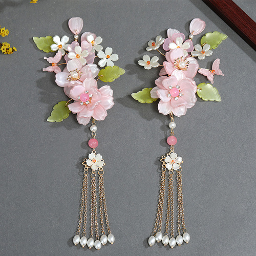 Ancient style Hanfu headdress fairy silk flower hairpin glazed set rose flower tassel hairpin hairpin flower comb set new