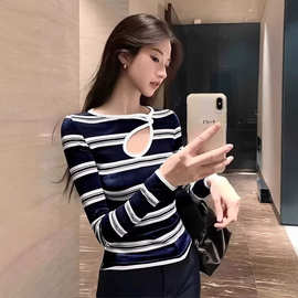 美式辣妹风休闲百搭长袖T恤女设计感小众条纹时尚潮流女士上衣ins