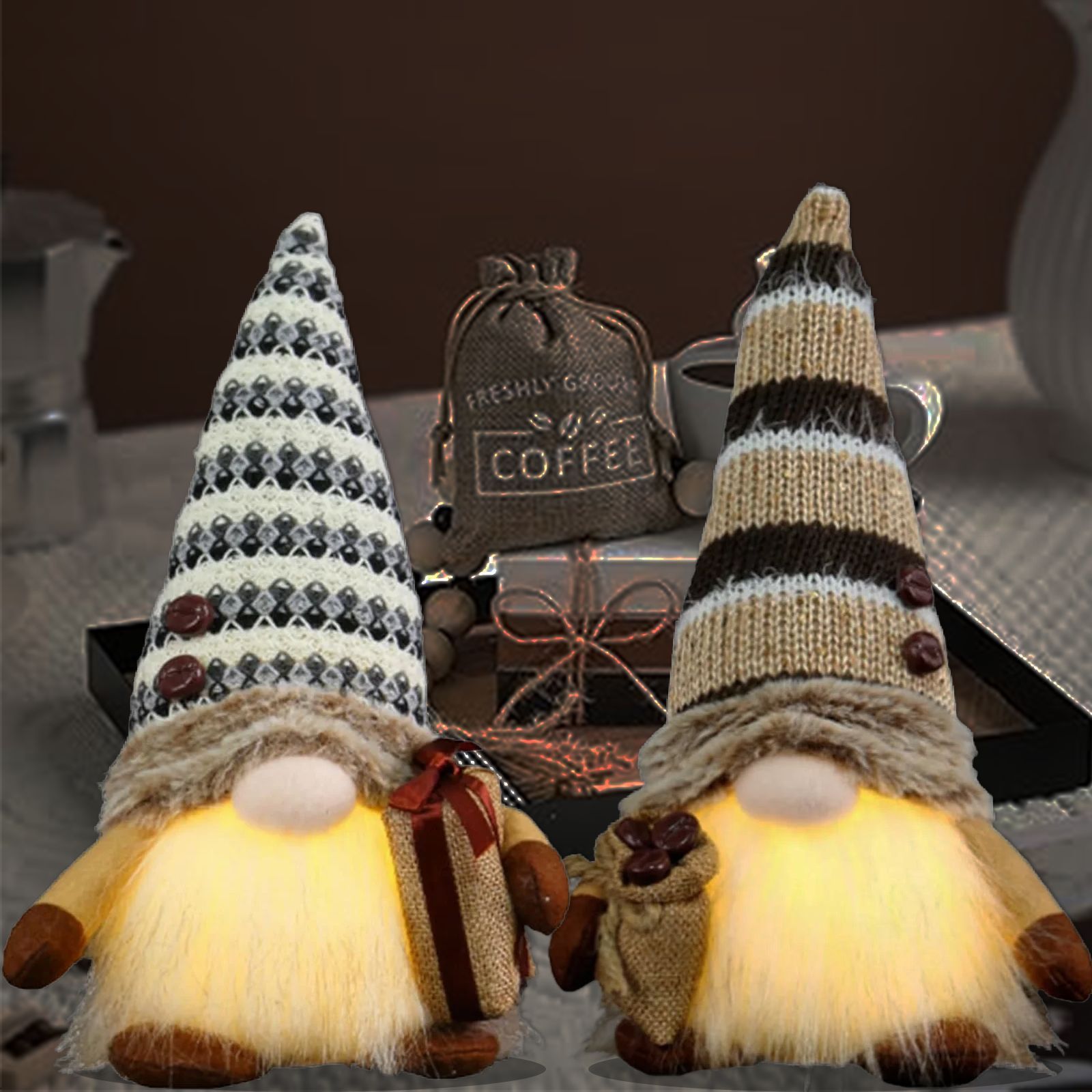 Nuevos productos transfronterizos de café luminoso muñeca sin cara encantadora bolsa de café de punto con luces del duende Rudolph decoración