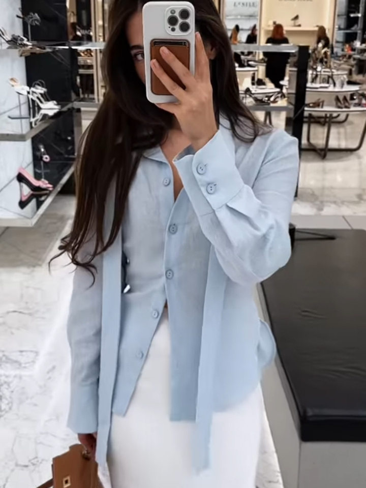 Áo sơ mi nữ dài tay cổ ve buộc nơ phối nút, form ôm vừa vặn — Trắng, hồng, màu xanh nhạt, đen