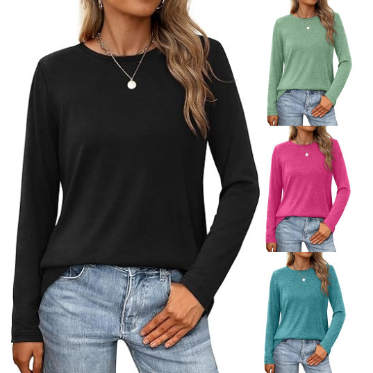 2024 Amazon European and American Cross-Border New Round Neck Long-Sleeved T-Shirt Women's Shirt Autumn and Winter Pure Color Loose Top T-Shirt 2024 Amazon European and American Cross-Border New Round Neck Long-Sleeved T-Shirt Women's Shirt Autumn and Winter Pure Color Loose Top T-Shirt