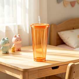 环保可复用双层塑料吸管杯 650ml 减少一次性饮品杯居家必备器具