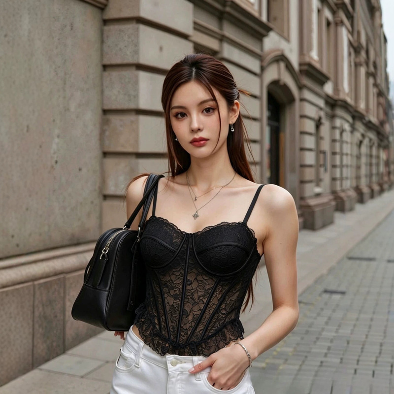 French Nordic style fishbone corset with beautiful back, sexy lace top, slim fit, with chest pads, new camisole for women French Nordic style fishbone corset with beautiful back, sexy lace top, slim fit, with chest pads, new camisole for women