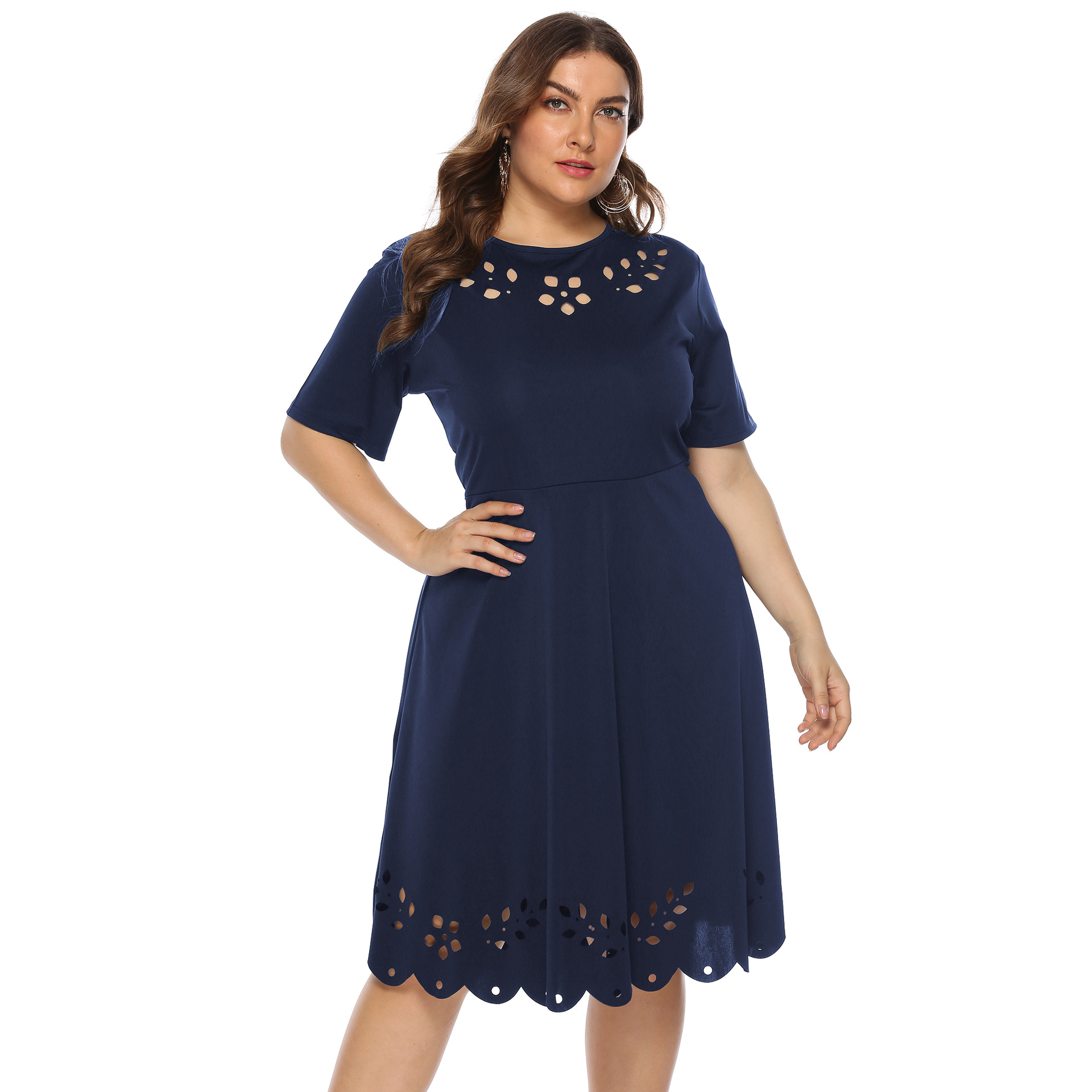 plus size hollowed short-sleeved round neck solid color dress NSOY125344