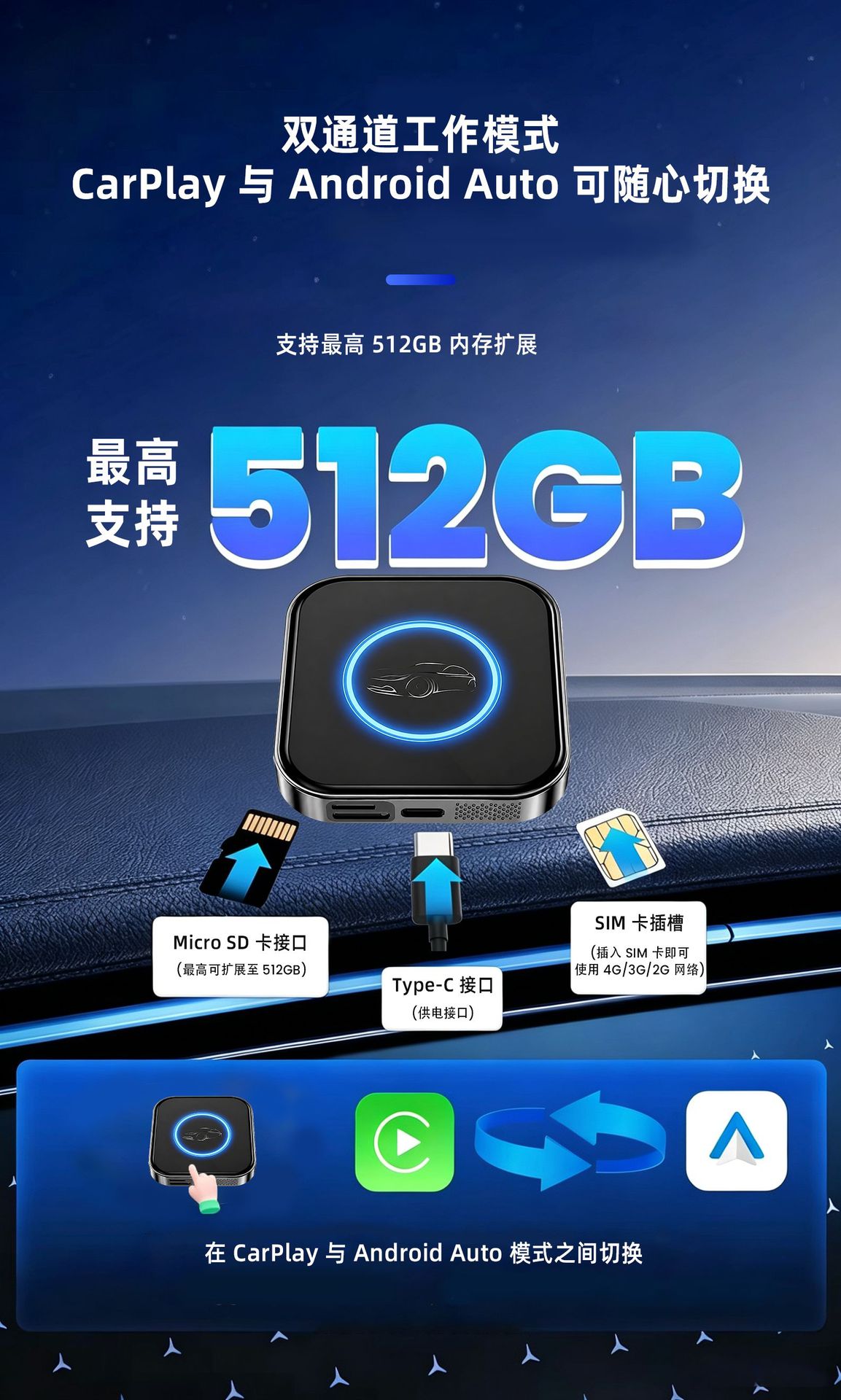 Wired to wireless CarPlay connectivity box with Android 15.0 system, 4GB+32GB, supports screen mirroring & split screen