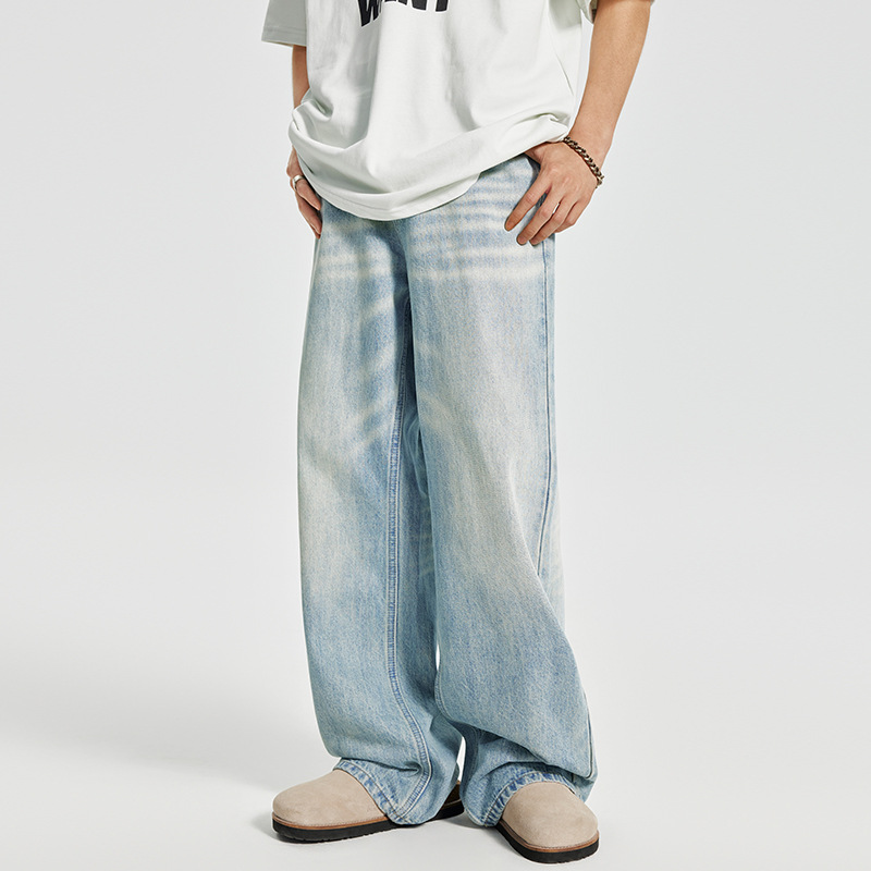 OTTB 레트로 그라데이션 청바지 남성용 아메리칸 스타일 청소년 배색 워싱 블루 루즈핏 스트레이트 데님 남성용 롱 팬츠