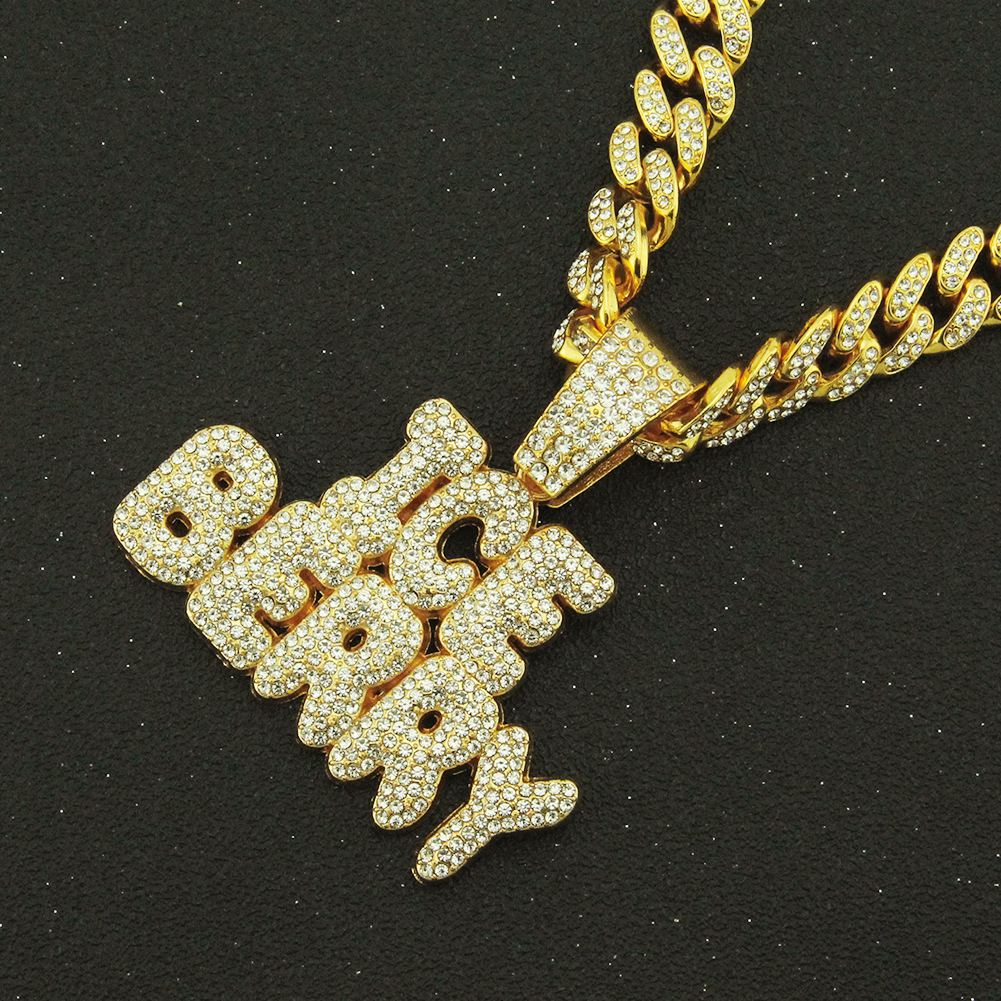 Hip-hop Stitching Full Diamond Letter Pendant Wide Cuban Chain Men's Domineering Necklace display picture 2