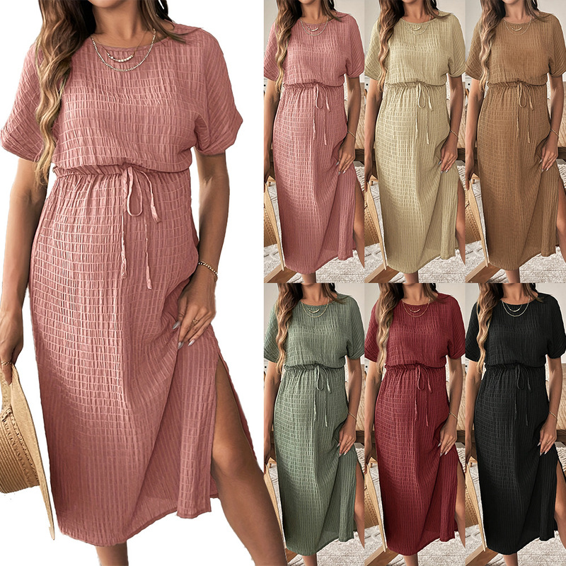 Cross-Border Amazon New Plaid Embossed Waist Tie Hem Side Slit Round Neck Short-Sleeved Maternity Skirt Cross-Border Amazon New Plaid Embossed Waist Tie Hem Side Slit Round Neck Short-Sleeved Maternity Skirt