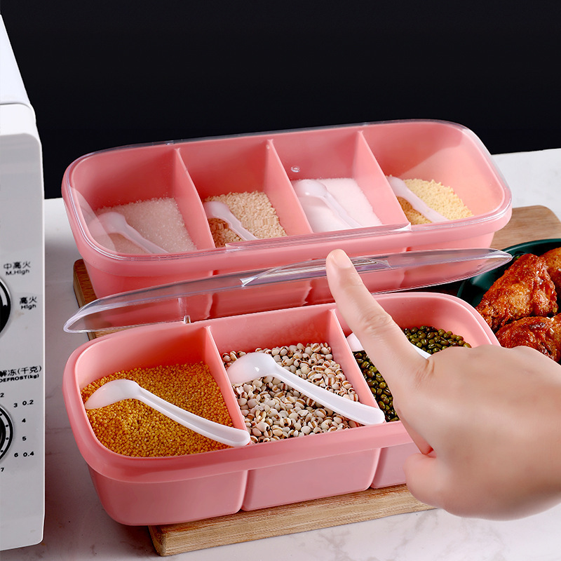 家庭用アイデアスプーン付き調味箱味の素塩カバー式プラスチック多格調味料箱キッチン調味料収納箱|undefined