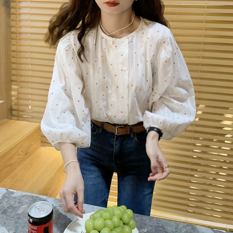 French Cranberry Retro Korean Small Flower Dark Pattern Fabric Double-Breasted Slimming Look White Shirt
